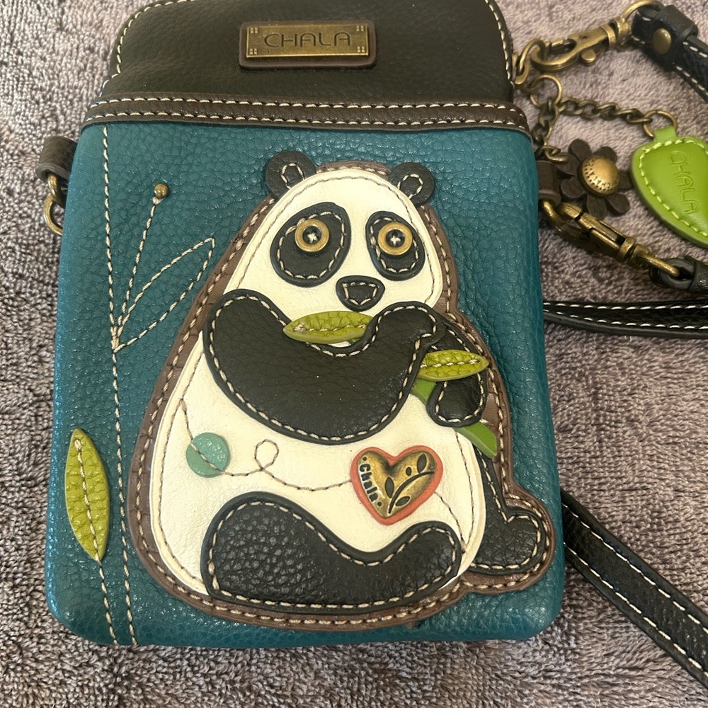 Chala Teal Panda Crossbody Bag with Black, White, Brown & Green Accents